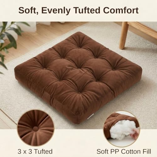 Floor Pillows for Adults Set of 2, Soft Velvet Floor Cushions for Sitting, Square Tufted Floor Pillow Set for Reading Nook, Living Room, Bedroom, 22 x 22 Inch, Brown - color: Brown, size: 2pack