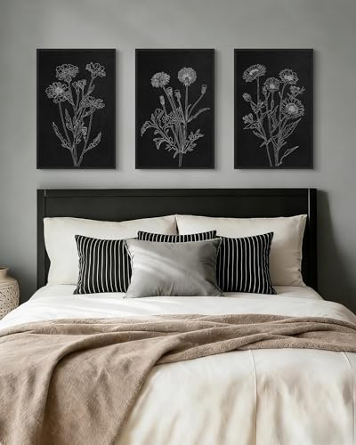Drsoum Black White Flower Wall Art Vintage Minimalist Floral Wall Hanging Decor Bohemain Botanical Prints Artwork for Bedroom Living Room Hallway 16x24in Black Framed - color: White Flower, size: 16x24in, Black Framed