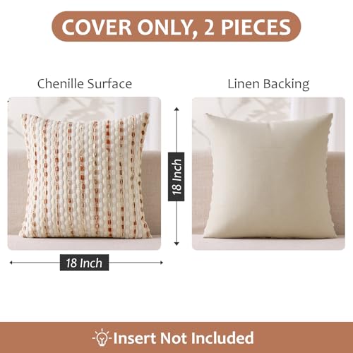 ANRODUO Boho Chenille Textured Tufted Pillow Covers 18x18 Inch Set of 2 Woven Decorative Throw Pillow Covers with Raised Stripes Accent Neutral Pillowcase for Couch Sofa Bed Living Room, Cream Rust - color: Cream Rust, size: 18" x 18" (Pack of 2)
