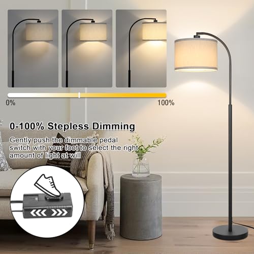 Modern Floor Lamp for Living Room, Arc Floor Lamp with Adjustable Hanging Shade, Black Light with Pedal Switch for Bedroom Study Room, 9W 3000K LED Bulb Included - color: Black