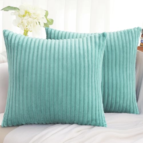 Simmore Decorative Throw Pillow Covers 18x18 Set of 2, Soft Plush Flannel Double-Sided Fluffy Couch Pillow Covers for Sofa Living Room, Aqua Haze - color: Aqua, size: 18" x 18" (Pack of 2)
