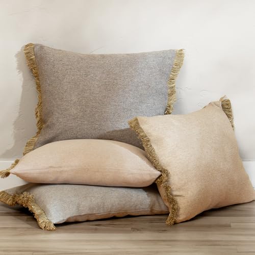 Decorative Throw Pillow Covers, Set of 4, 16x20 Inch Lumbar Beige Fringed Linen Accent Pillow Covers, Light Grey - color: Light Gray