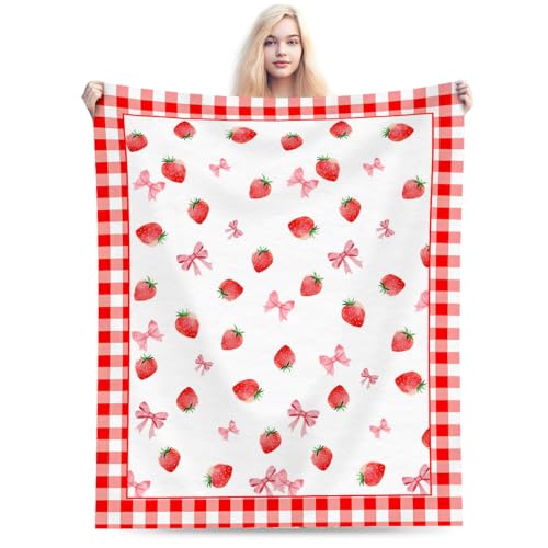 Cute Strawberry Throw Blanket for Couch Chair Sofa Bed, Flannel Soft Watercolor Summer Fruit Pink Ribbon Buffalo Plaid Warm Cozy Farmhouse Blanket for Bedroom Living Room Car All Season 30"x 40" - color: Strawberry02, size: 30X40 inch