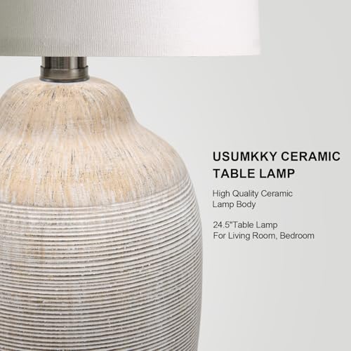 USumkky 24 inch Vintage Ceramic Table Lamp with 5FT Cord - Single Farmhouse Rustic Bedside Lamp with Natural Textured Finish, Nightstand Lamps for Living Room, Bedroom, End Table Beige - color: 24" Beige