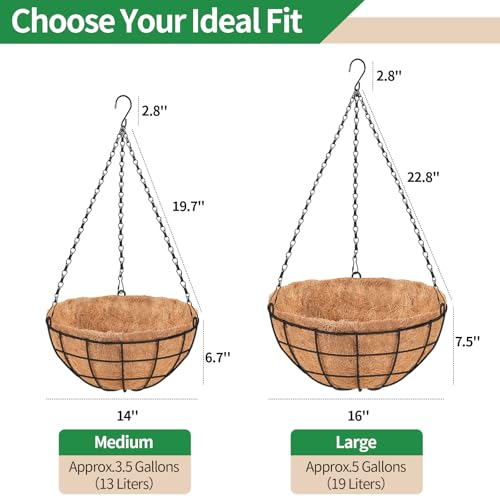 16 Inch Hanging Planters for Outdoor Plants,4 Pack Large Hanging Baskets for Plants Outdoor Metal Hanging Baskets with Thick Coco Coir Liners, Round Flower Pots for Porch Garden Ferns & Petunias - size: Large-16inch
