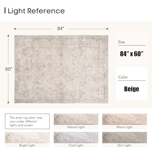 5x7 Area Rugs for Living Room, Machine Washable Rugs, Vintage Non Slip Rug, Faded Style Carpet Stain Resistant, Low Pile Boho Retro Rugs for Bedroom Dining Room Indoor Home Office-Beige 5'x7' - color: Beige, size: 5' x 7' (Rectangular)