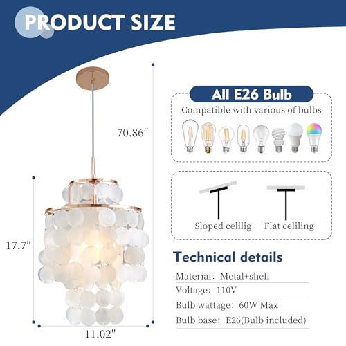Mini Chandelier Capiz Shell Dinning Room Chandeliers 11" Ceiling Light Polished Gold Finish Flush Mount Mordern Pendant Light for Kitchen,Living Room,Bathroom,Bedroom,Dimmable Led Bulb Included - size: 11 inch mini