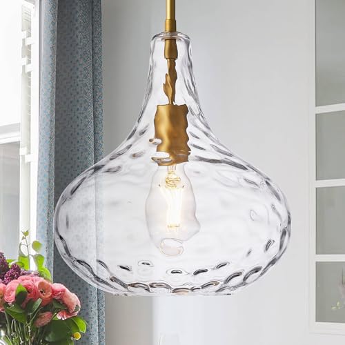 11" Hand-Blown Clear Glass Pendant Light with Hammered Texture, Gold Finish Adjustable Hanging Light Fixture for Kitchen Island, Dining Room, Hallway, Living Room - color: Gold Rod