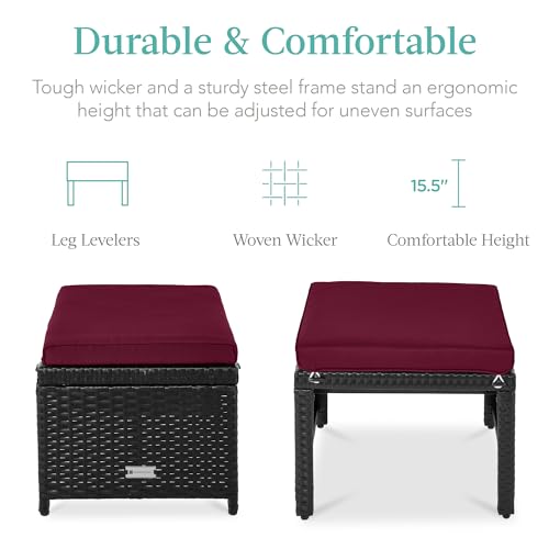 Best Choice Products Set of 2 Wicker Ottomans, Multipurpose Outdoor Furniture for Patio, Backyard, Additional Seating, Footrest, Side Table w/Removable Cushions, Steel Frame - Deep Burgundy/Black - color: Deep Burgundy/Black