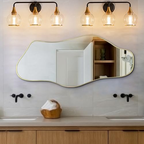 Irregular Wall Mirror, 40"x17.7" Gold Asymmetrical Frameless Mirror, Modern Organic Shaped Mirrors for Living Room Bedroom Hallway Entryway, Horizontal or Vertical Hanging - color: Gold, size: 40"L x 17.7"W