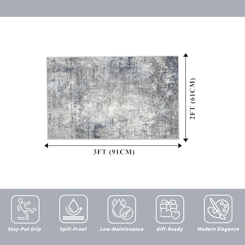 2x3 Washable Non-Slip Rug – Modern Abstract Neutral Small Throw Area Rug for Kitchen, Entryway, Bedroom – Soft Low Pile Thin Indoor Door Mat（Blue Grey,2x3） - color: Blue Gray, size: 2' x 3' (Rectangular)