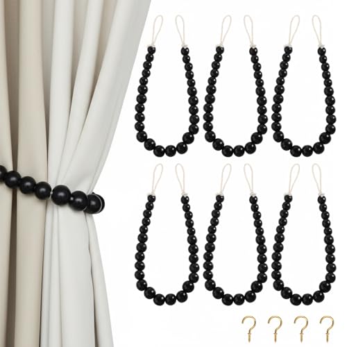Hion 6 Pcs Boho Curtain Tiebacks,Wood Beads Curtain Holdbacks,Outdoor Farmhouse Tie Backs for Curtains,Curtain Holders for Drapes Home Office Room Decor with Hooks(Black) - color: Black, size: 6 Pack