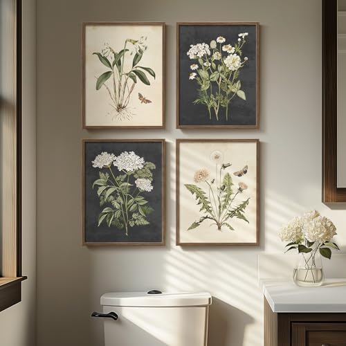 Framed Botanical Wall Art, 4 Piece Vintage Farmhouse Floral Canvas Painting Prints Artwork for Bathroom Walls, Rustic Flower Butterfly Pictures for Kitchen Bedroom Hallway Home Decor, 8x10 Inch - color: Vintage - Walnut Framed, size: 8" W x 10" H x 4pcs