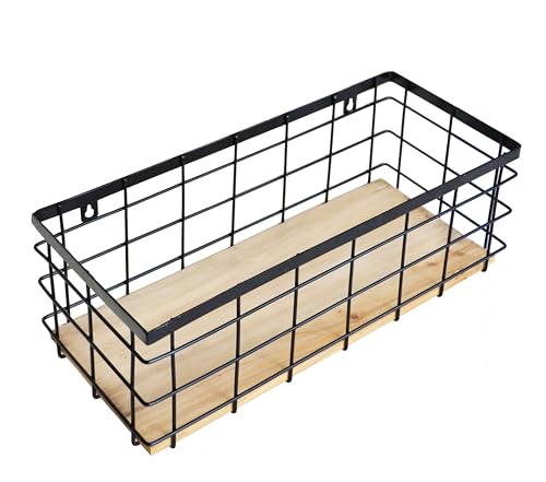 ShabbyDecor Metal Wire Basket Detachable Wood Base Storage Organizer Farmhouse Hanging Basket for Kitchen Cabinets, Bathroom, Pantry, Laundry Room,1 Pack in Black Color,Size Big - color: Black, size: Large