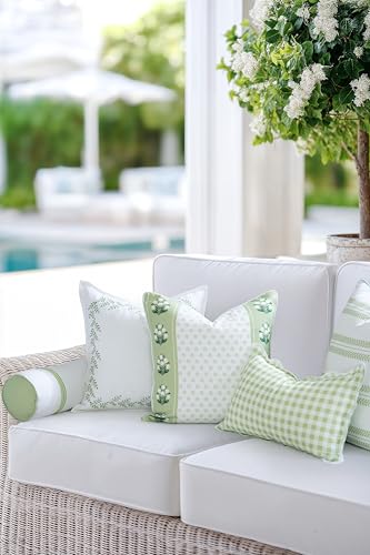 Hofdeco Premium Grandmillennial Coastal Hampton Patio Indoor Outdoor Bolster Pillow Cover Only, 6"x20" Water Repellent for Backyard, Couch, Poolside, Grass Green Embroidered Stripes - color: Grass Green Stripes 6"x20"