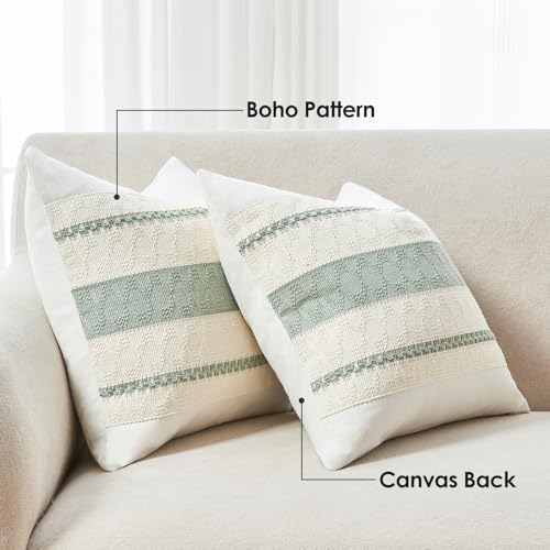 Throw Pillow Covers Set of 2 12x20 Inch Boho Pillow Covers, Soft Lumbar Neutral Cotton Sage Green Decorative Case for Couch Sofa Bed Living Room, Home Modern Woven Farmhouse Cute Decor - color: Sage Green, size: 20" x 12" (Pack of 2)