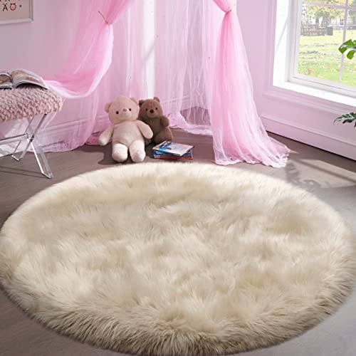 Fluffy Round Rug for Kids Room Beige Circle Faux Fur Area Rug for Bedroom, 4x4 Fuzzy Shag Rugs Furry Nursery Rug Teepee Mat, Circular Plush Floor Carpet - color: Beige, size: 4' (Round)