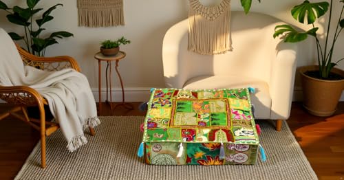 CRAFT KALA Indian Square Patchwork Traditional Pouf Cover Indian Living Room Poufs Decorative Embroidered Designer Ottoman Home Living Footstool Chair Cover Decor Pillow Cover 18x18x5 inches, Green - color: Green, size: 18"D x 18"W x 5"H