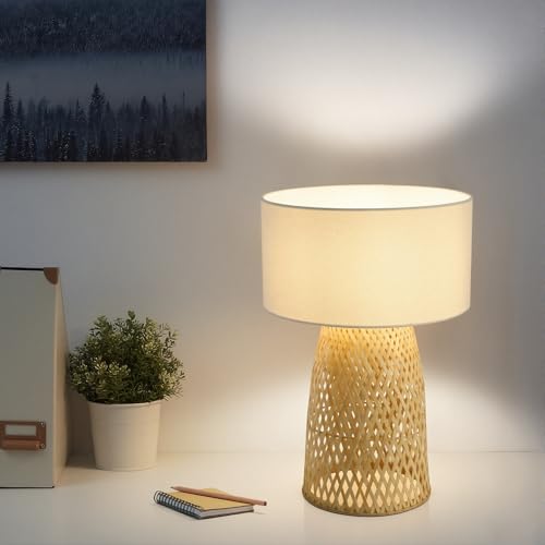 Boho Bamboo Table Lamp, Handwoven Bedside Lamp with Linen Shade, Small Natural Weave Nightstand Light for Living Room, Tea Room, Desk,White - color: White