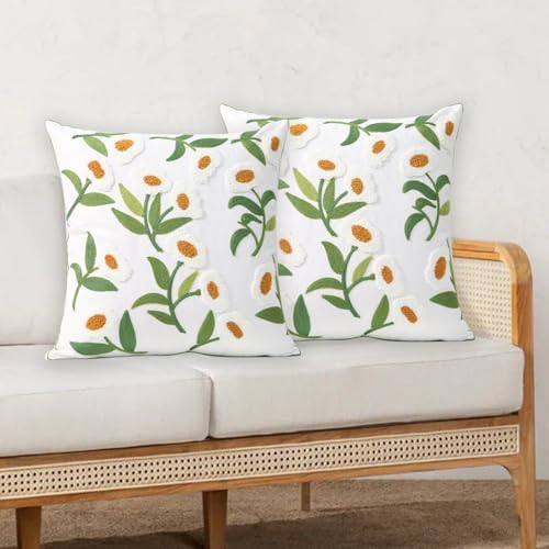 Pack of 2 Embroidered Decorative Throw Pillow Cover 18x18 Inch Farmhouse Floral Pillowcase for Living Room Sofa Bed (White Glass Flower) - color: White Glass Flower