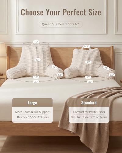 Blissful Diary Reading Pillow, Backrest Pillow with Shredded Memory Foam for Adult & Children, Designed for Bed and Couch Sitting Up, Includes Arms, Pockets and Washable Cover, Off White - color: Textured Off White, size: Standard(18inch)