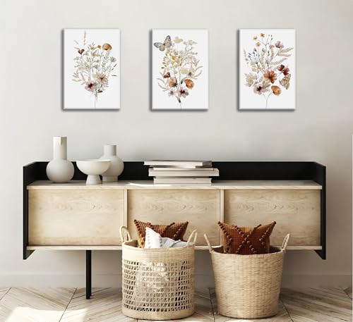 3Psc Watercolor Wildflower Framed Canvas Wall Art Vintage Botanical Flower Wall Decor Modern Minimalist Colorful Botanical Floral Poster Print Artwork for Girls Room Bedroom Office Decoration 12x16 Inch - color: SANLIANYEHUA, size: 16"L x 12"W