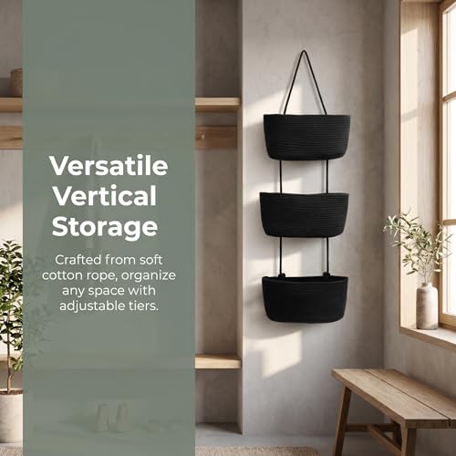 Black 3-Tier Woven Cotton Rope Hanging Basket, Over the Door Organizer, Adjustable Detachable Wall Basket with Metal & Adhesive Hooks, No Drilling for Laundry Room, Utility Room & Closet - style: Modern