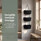 Black 3-Tier Woven Cotton Rope Hanging Basket, Over the Door Organizer, Adjustable Detachable Wall Basket with Metal & Adhesive Hooks, No Drilling for Laundry Room, Utility Room & Closet - style: Modern