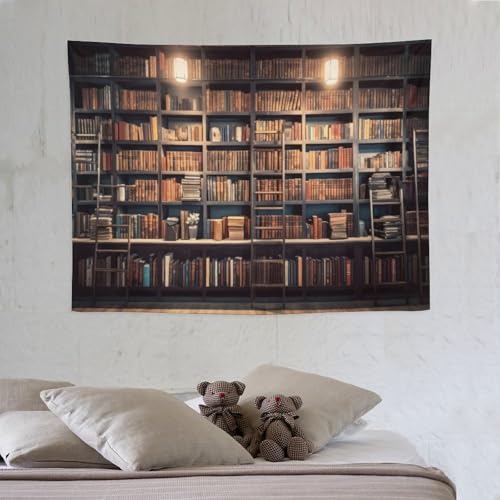 Houselerax Vintage Bookshelf Tapestry Retro Library Wall Hanging Tapestries,Old Books on Shelf Classical Study Room Student Study College Dorm Bedroom Living Room 60"x40"inch - color: Bookshelf-10, size: W60xL40in