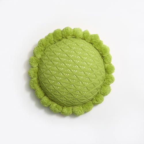 Acrylic Knitted Round Throw Pillow Knitting Bohemian Circular Cushion Pillow with Knit Handmade Pompoms Decorative Apple Green, Diameter 18inches - color: Apple Green