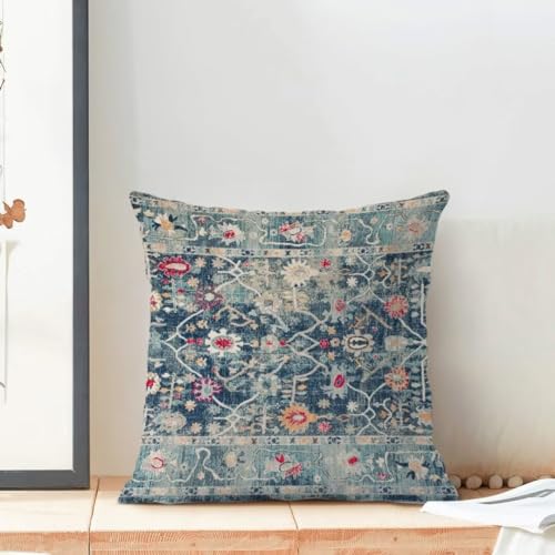 AEIOAE Boho Pillow Covers 18x18 Set of 2 Blue Vintage Retro Decorative Throw Pillow Outdoor Linen Square Farmhouse Decor Cushion Cover for Home Couch Sofa - color: Blue Boho, size: 18" x 18" (Pack of 1)