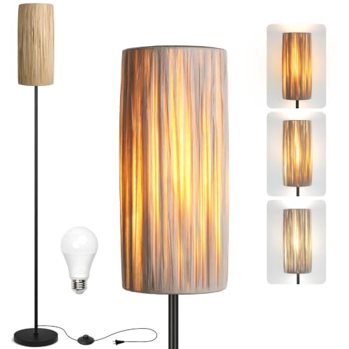 Ruiever Floor Lamp for Living Room,Rattan Boho Floor lamp,Modern Standing lamp with Hand-Worked Woven Shade (Hand Woven Shade-3 Color Bulb) - style: Hand Woven Shade-3 Color Bulb