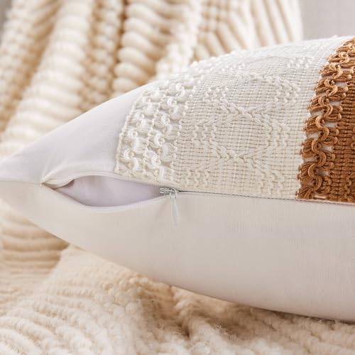 Soft Cotton Boho Throw Pillow Covers Set of 2, Natural White/Contrast Caramel 16x16 Inch, Caramel Farmhouse Decorative Cushion Covers for Sofa Bed Living Room Home Decor - color: Natural White/Contrast/Caramel, size: 16" x 16" (Pack of 2)