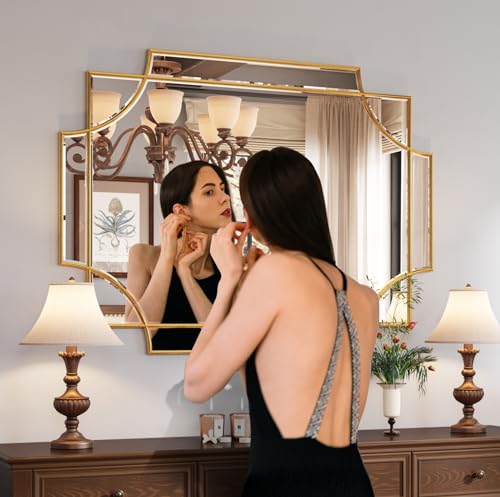 Kelly Miller Large Gold Decorative Mirror for Wall, 30"x40" Gold Bathroom Mirror Rectangle Vanity Wall Mirror Beveled for Master Bath Half Bath Living Room Bedroom Farmhouse Fireplace Hallway - size: 40"L x 29.2"W