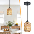 Rattan Chandelier Pendant Lights Kitchen Island,Farmhouse Boho Chandeliers Adjustable Height Hanging lamp for Dining Room,Small Kitchen Ceiling Light Fixtures with Hand Woven Wicker Lampshade - size: 1 Pack