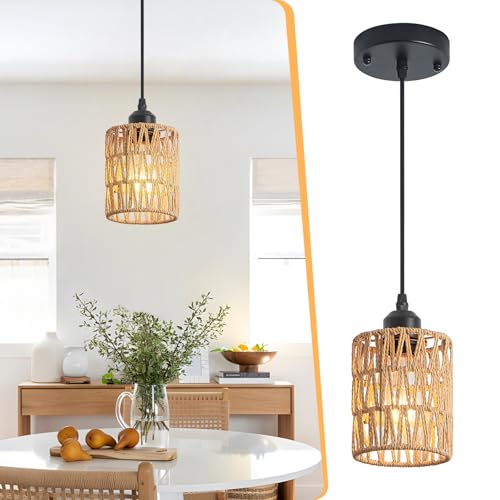 Rattan Chandelier Pendant Lights Kitchen Island,Farmhouse Boho Chandeliers Adjustable Height Hanging lamp for Dining Room,Small Kitchen Ceiling Light Fixtures with Hand Woven Wicker Lampshade - size: 1 Pack