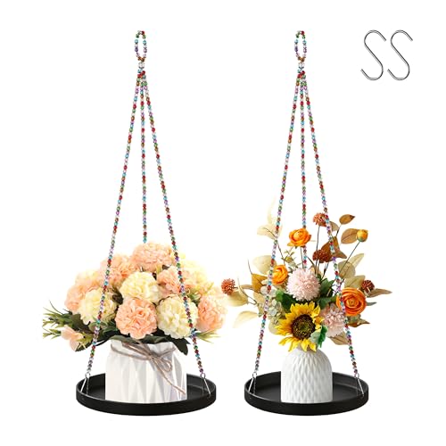 2-Pack Modern Boho Macrame Plant Hanger, 10/11 Inch Metal Hanging Planter Holder for Indoor and Outdoor Home Garden Decor, Black Hanging Plant Shelf for Window, Wall, and Ceiling. (American, 10/11) - style: American