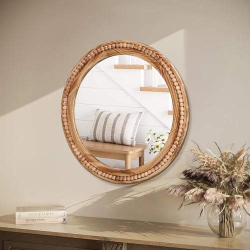 ULIKE Round Wood Mirror with Natural Wooden Bead Frame, 30 Inch Rustic Farmhouse Wall Mirror for Bathroom Nursery Bedroom Living Room Brown, Brown - color: Brown Round, size: 30"L x 30"W