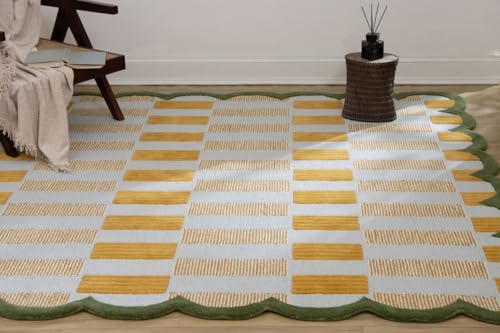 Checkered Hand-Tufted 100% Wool Area Rug - 7x7 Ft, Square Light Blue Base with Mustard and Beige Blocks, Olive Green Scalloped Edge, Cotton Backing Plush Carpet for Bedroom & Nursery - color: Light Blue, Beige, Green, size: 7x7 Ft (Square)