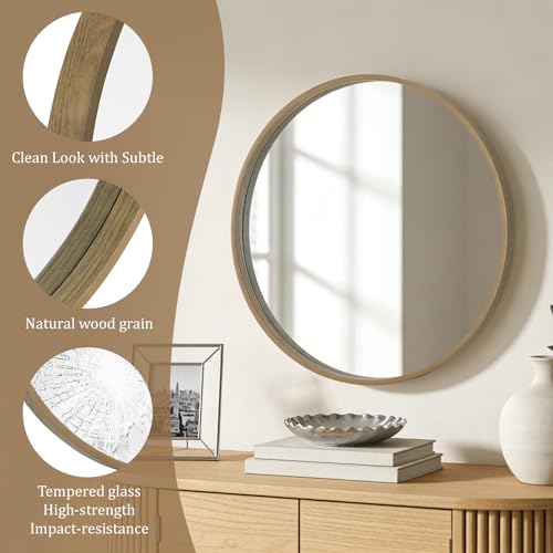 WallBeyond Round Wood Mirror 28" Circle Wall Mirror for Bathroom Round Wall Mirror for Wall Decor, Vanity, Entryway Living Room, Honey - color: Honey, size: 28"L x 28"W