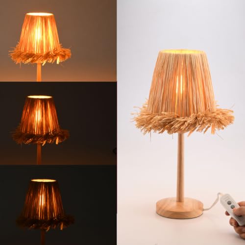 Boho Style Rattan Table Lamp,Dimmable Bamboo Desk Lamp,Timer Build in,Raffia Shade - color: Raffia
