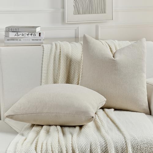 FUTEI Pack of 2 Chenille Decorative Throw Pillow Covers 24x24 Inch,Soft Cozy Faux Linen Textured European Pillow Shams,Farmhouse Home Decor for Couch Living Room,Beige - color: Beige, size: 24" x 24" (Pack of 2)