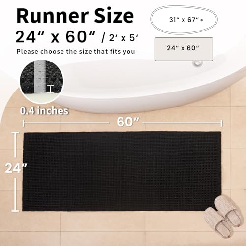 Black Long Bathroom Rug - Waffle Runner Bath Mat Non Slip Washable, Super Absorbent & Quick Dry, Boho Bath Mat Farmhouse Bathroom Decor, 24'' x 60'', Black - color: Black, size: 24'' X 60''