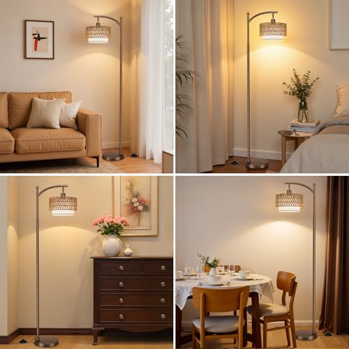 Ambimall Arc Floor Lamp for Living Room with Remote, Color Temperature & Brightness Adjustable, Boho Standing Lamp with Rattan & Fabric Double Drum Shades, Bulb Included(Brown) - color: Brown Rustic