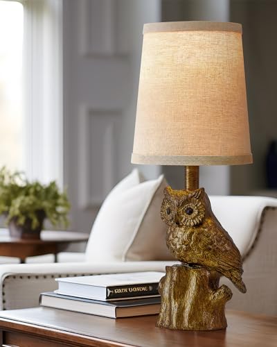 G-SAFAVA 14.25" Small Table Lamp for Living Room Farmhouse Bedside Resin Single Lamp with Gold Owl Lamp Shape for Bedroom Retro Rustic Nightstand Lamp - color: ‏‏‎ ‎Gold
