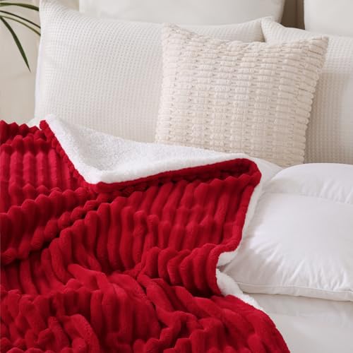 Red Sherpa Fleece Throw Blanket 60”×80” for Couch Sofa Bed,Double Side Soft Fuzzy Cozy Plush Thick Flannel Blanket with Striped Design,Gift for Adults,Woman,Girls - color: Red, size: 60×80inch