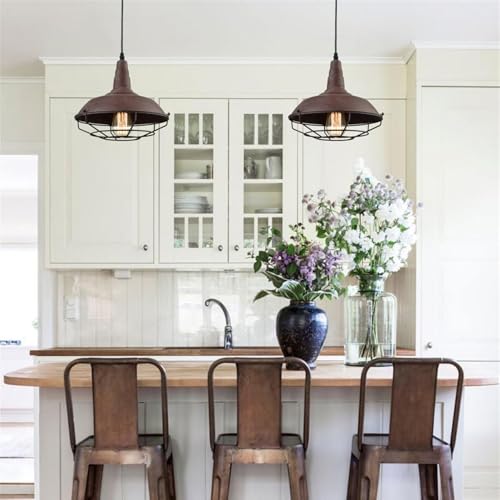 DAYCENT Barn Style Pendant Light Farmhouse Caged Pendant Lighting Industrial Metal Wire Hanging Pendant Light Barn Pendant Light Fixtures for Kitchen Island Hallway Foyer, Rust Finish - color: Hard-wired