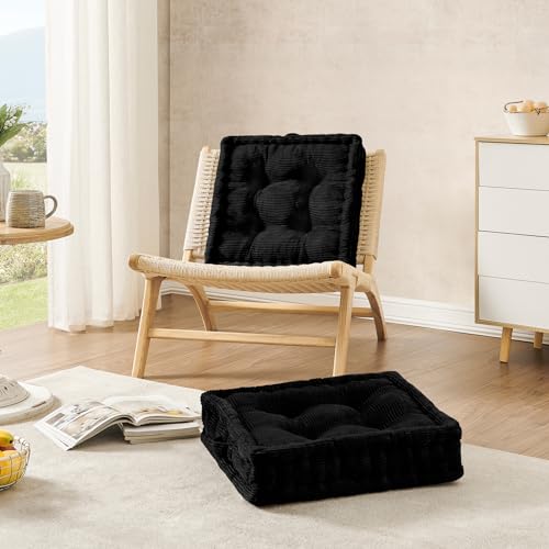 Wellsin Square Floor Pillows for Adults Kids - Meditation Floor Pillow Seating Cushion - Tufted Floor Cushion with Shredded Foam & Velvet Cover, 2 Pack, 20x20 Inch, Black - color: Black, size: 2 Pack (20"x20")