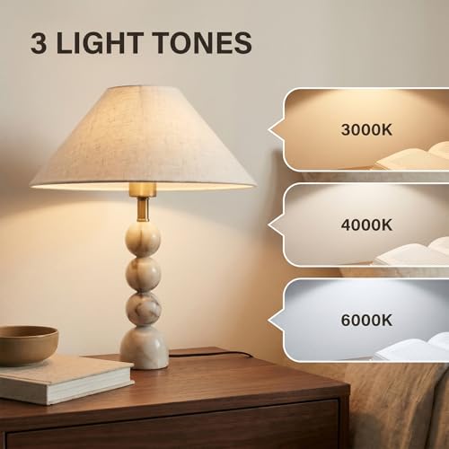 Calacatta Marble Table Lamp with Pleated Linen Shade,Vintage Solid Stacked-Sphere Marble Lamp with 3 Color Temperatures,Boho Marble Light for Bedroom Living Room Nightstand - size: 20.1in