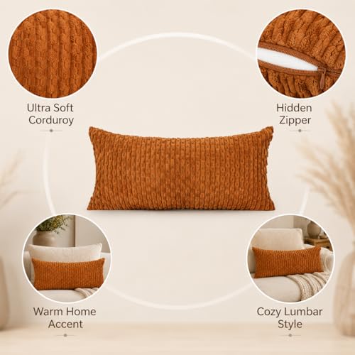 JoraLion 14x26 Boho Decorative Lumbar Throw Pillow Cover, Rust Cozy Soft Striped Corduroy Long Rectangle Cushion Case Accent Home Decor for Sofa Bed Room Livingroom, ONLY Cover - color: Rust, size: 26" x 14" (Pack of 1)